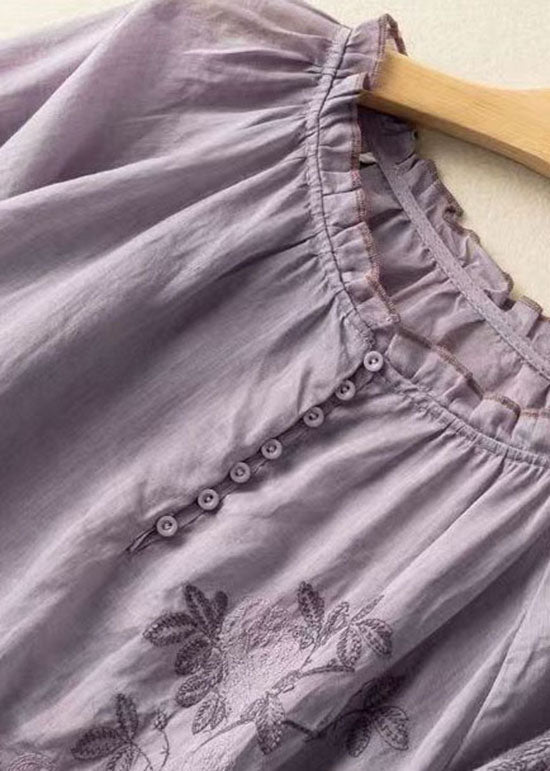 Purple Embroideried Patchwork Linen T Shirt Top Summer