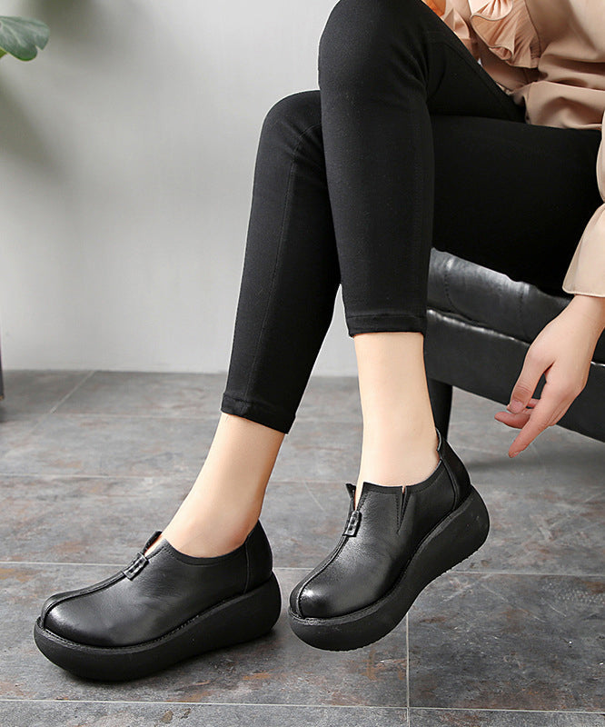 Black Cowhide Leather Flat Feet Shoes Platform Platform Flat Shoes
