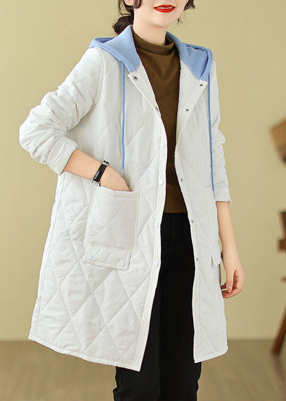 White Pockets Fine Cotton Filled Hoodie Coat Winter
