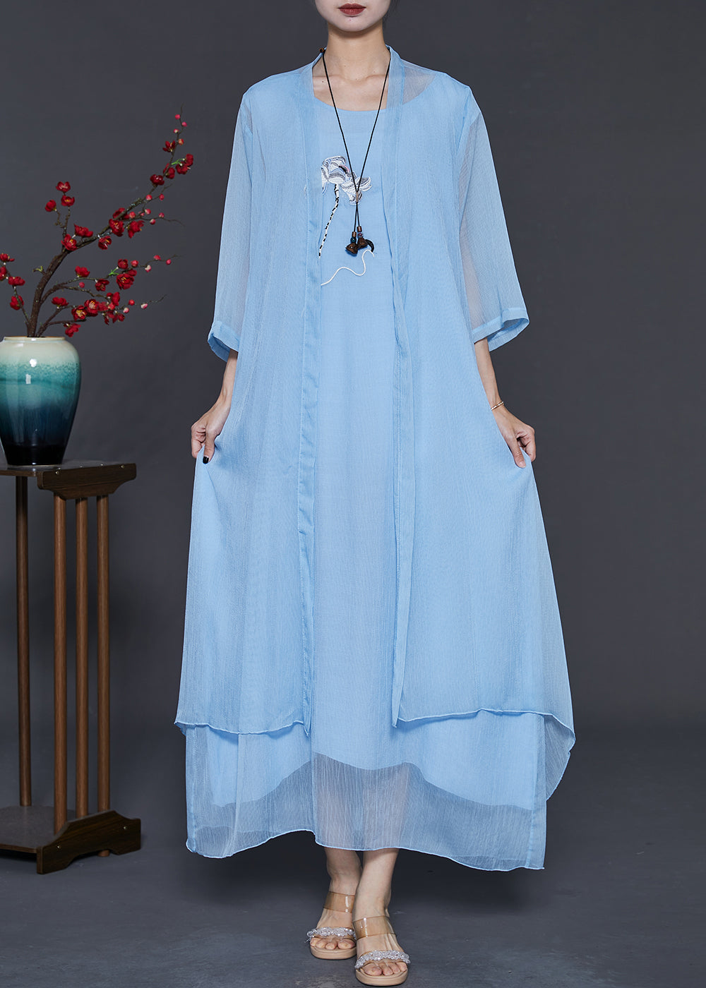 Sky Blue Chiffon Two Piece Set Clothing Embroidered Summer
