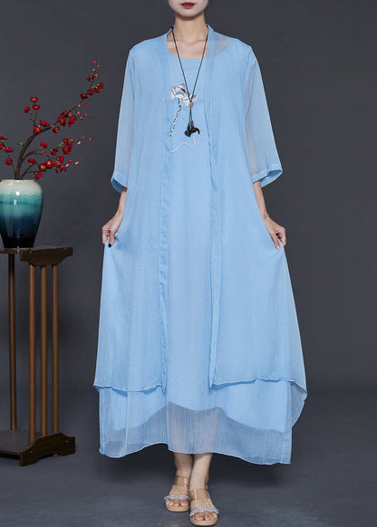 Sky Blue Chiffon Two Piece Set Clothing Embroidered Summer