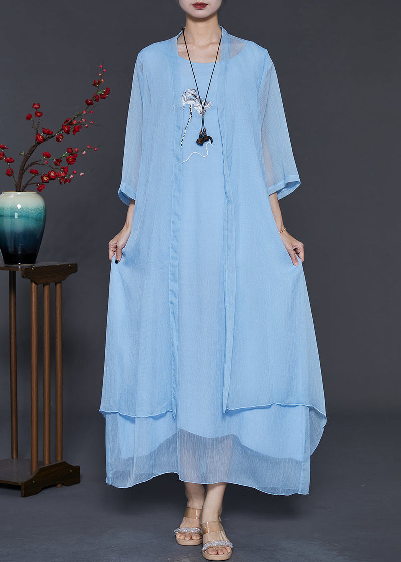 Sky Blue Chiffon Two Piece Set Clothing Embroidered Summer