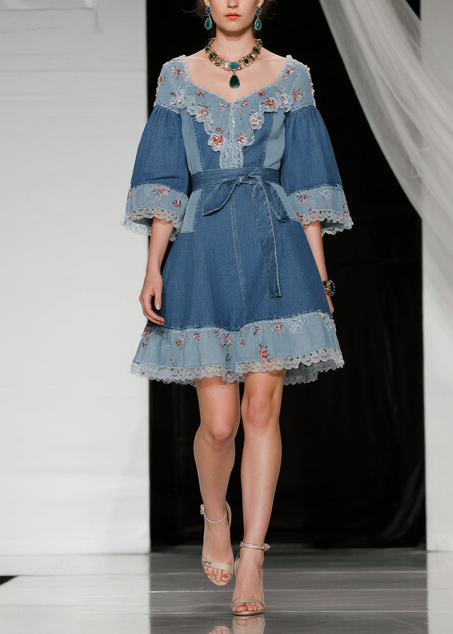 Blue Tie Waist Patchwork Lace Denim Day Dress Summer