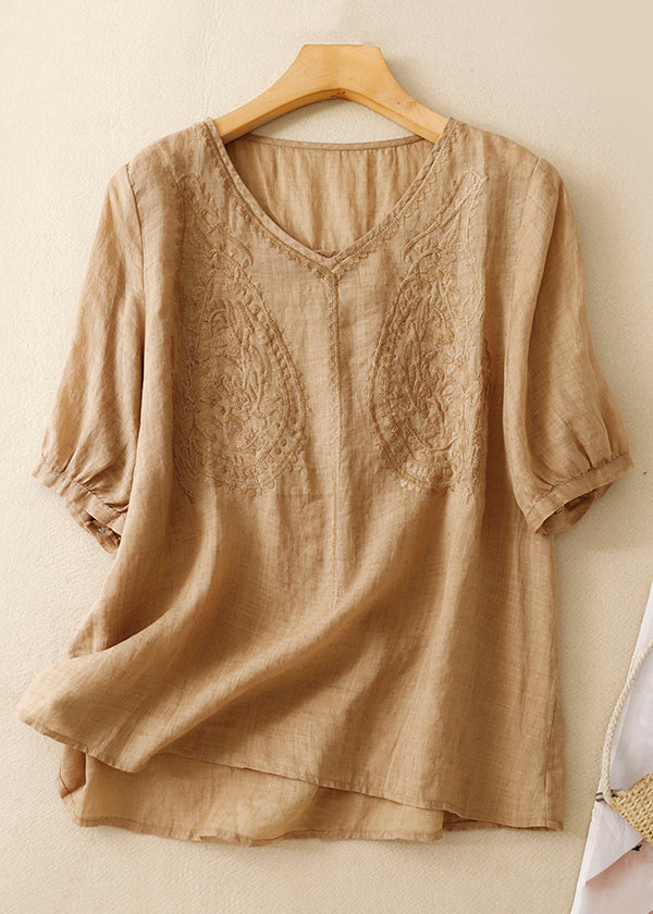 Purple V Neck Embroidered Linen T Shirt Summer
