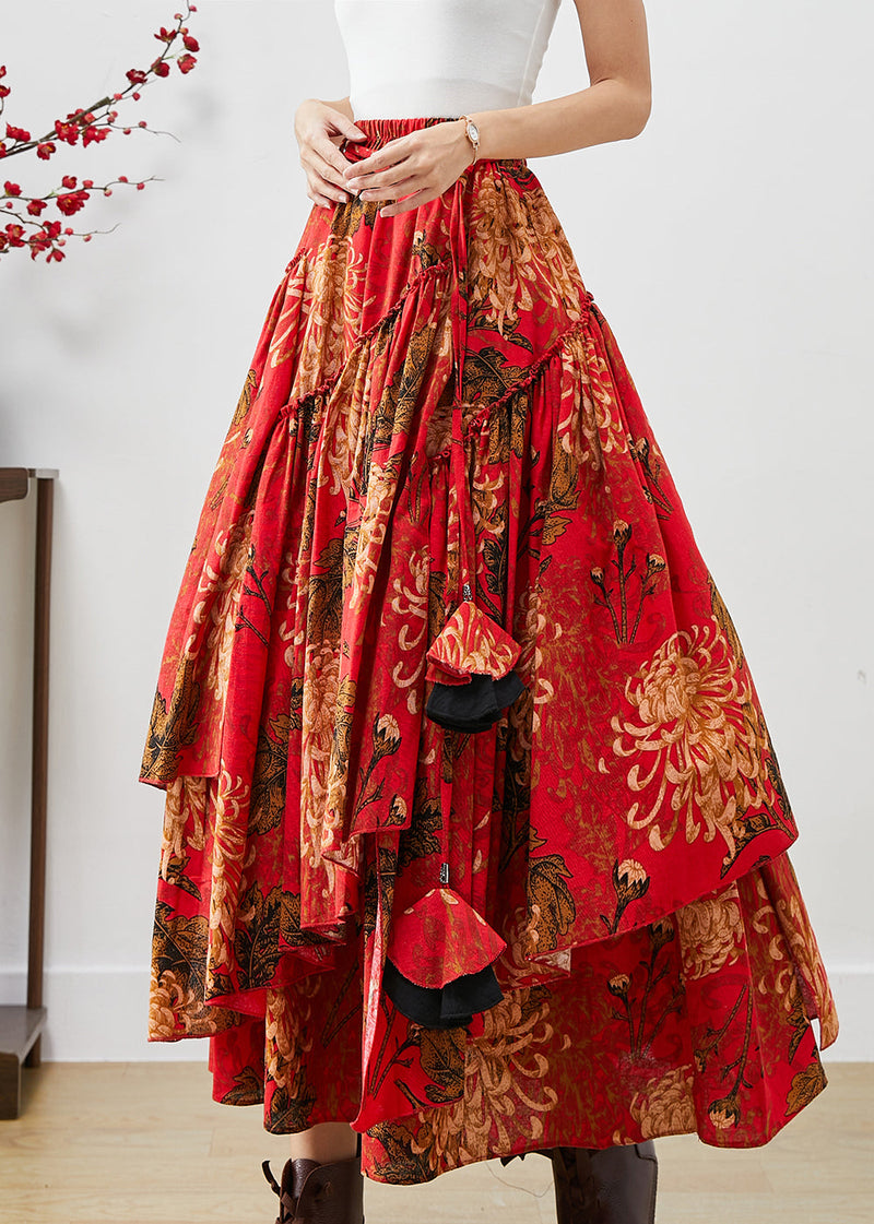 Loose Red Asymmetrical Print Cotton a Line Skirts Fall