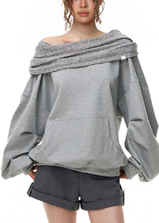 Grey Slash Neck Pockets Sweatshirts Lantern Sleeve