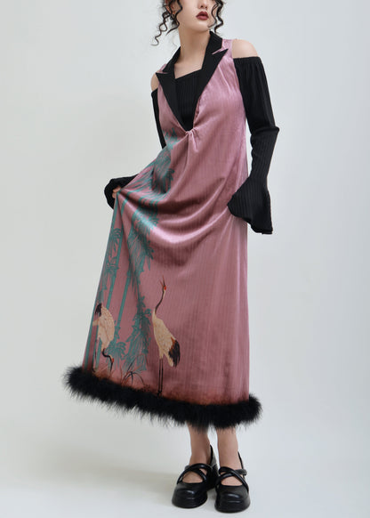 Pink Print False Two Pieces Patchwork Silk Velvet Dress Spring