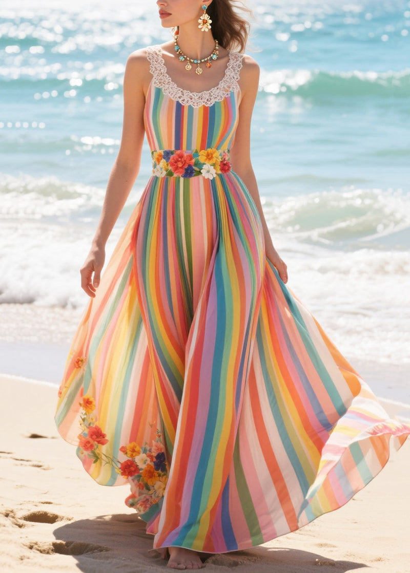 Rainbow Striped Exra Large Hem Chiffon Beach Dresses Summer