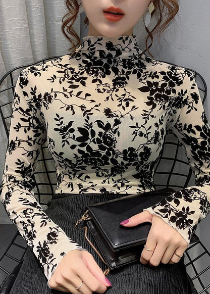Apricot Turtleneck Embroideried Lace Tops Bottoming Shirt