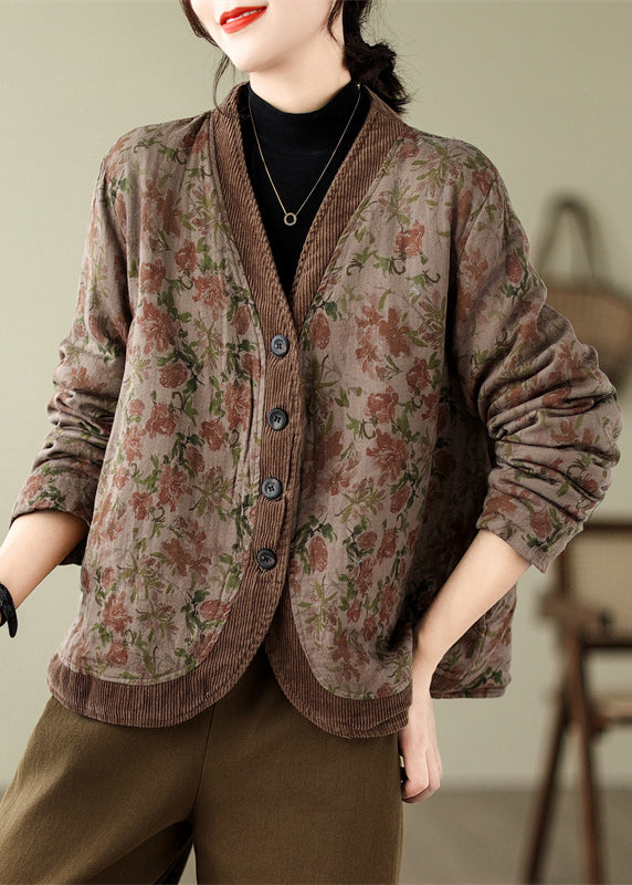 Khaki V Neck Print Fine Cotton Filled Coats Winter