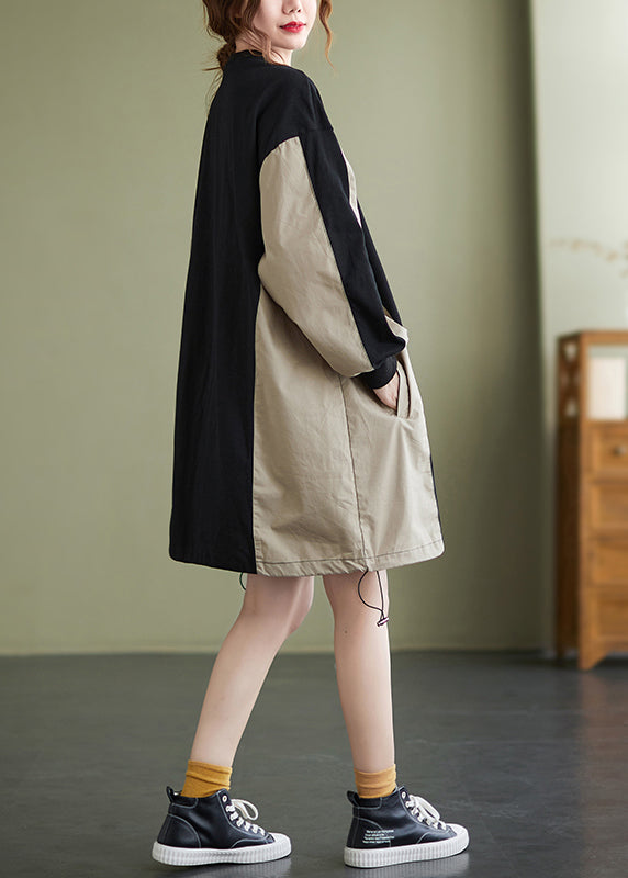 Colorblock Patchwork Drawstring Sweatshirt Dress Long Sleeve