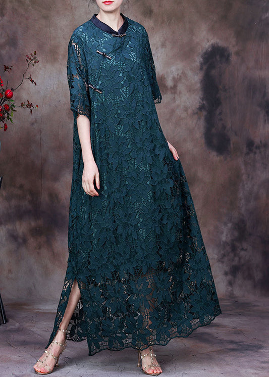 Green Button Embroideried Side Open Lace Long Dress Half Sleeve