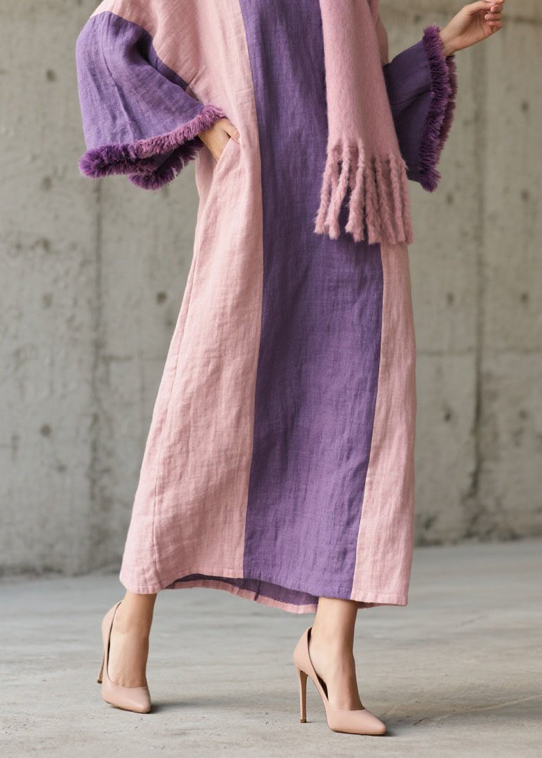 Colorblock Fuzzy Fur Patchwork Cotton Dress Fall