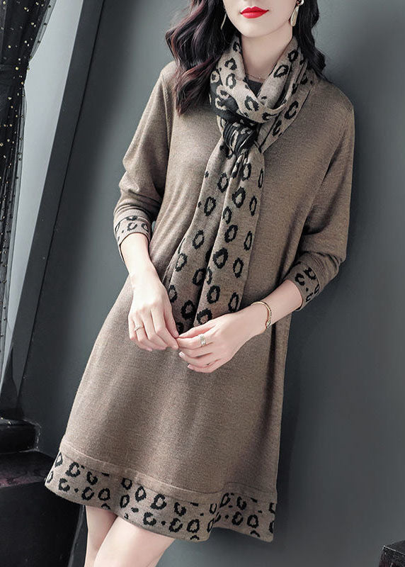 Camel Print Patchwork Knitted Dress O-neck Scarf Long Sleeve Fall