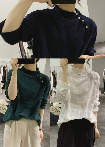 Simple White Stand Collar Cotton Shirt Spring