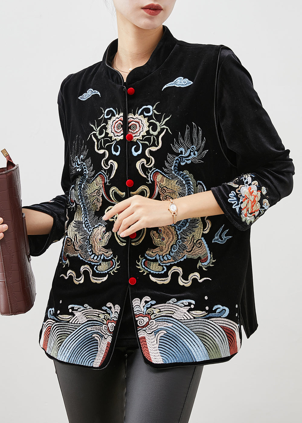 Black Embroideried Silk Velour Shirt and Vest Two Pieces Set Spring