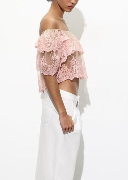 Pink Slash Neck Ruffled Embroidered Tulle Top Summer