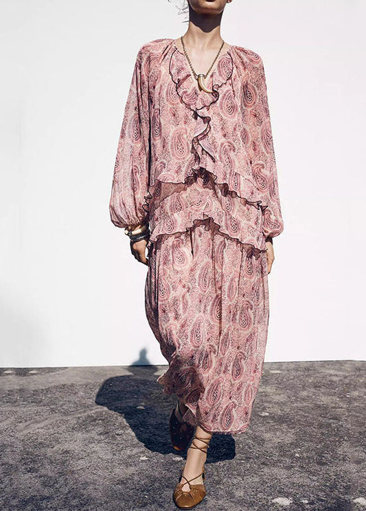 Pink V Neck Print Ruffled Chiffon Dresses Fall