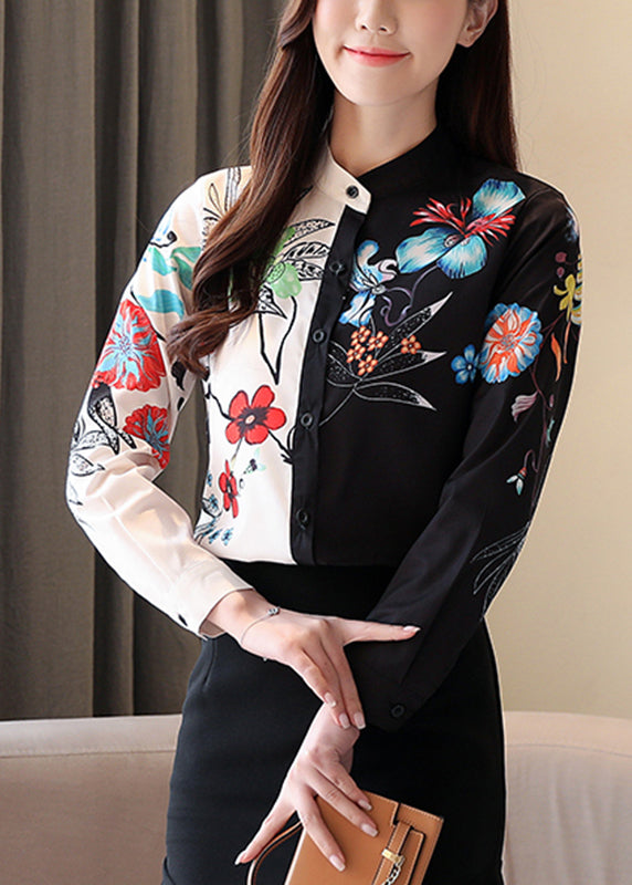Colorblock Stand Collar Print Button Chiffon Shirts Long Sleeve