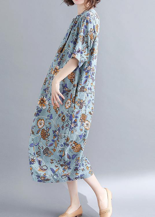 Organic Royal Blue Print O-neck Cotton Linen Robe Dresses Summer