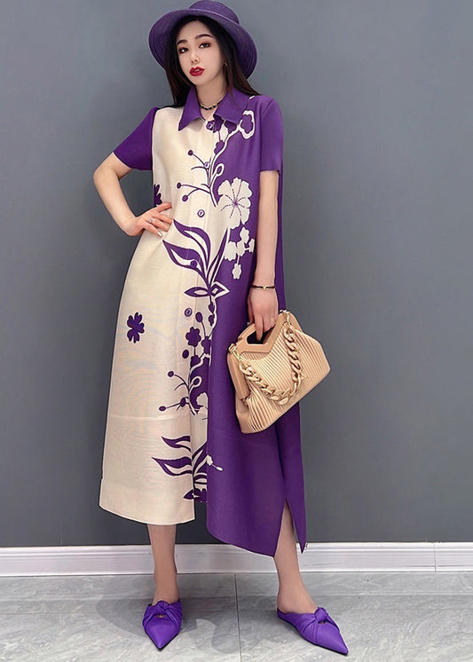 Purple Print Chiffon Long Dress Peter Pan Collar Draping Short Sleeve