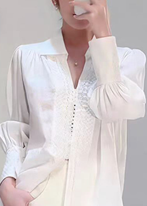 White Peter Pan Collar Jacquard Cotton Shirts Top Fall