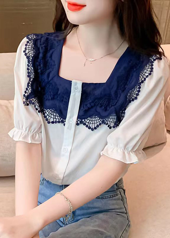 White Square Collar Lace Patchwork Button Shirt Short Sleeve