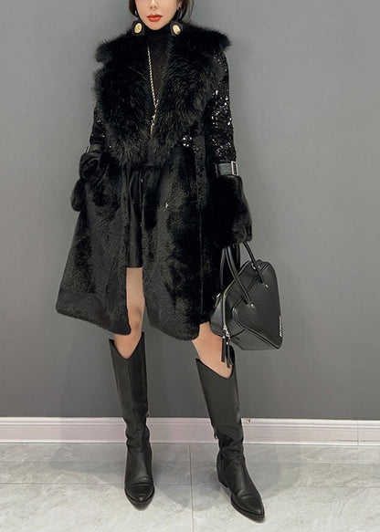 Black Fur Collar Sequins Patchwork Pockets Leather and Fur Coats Winter