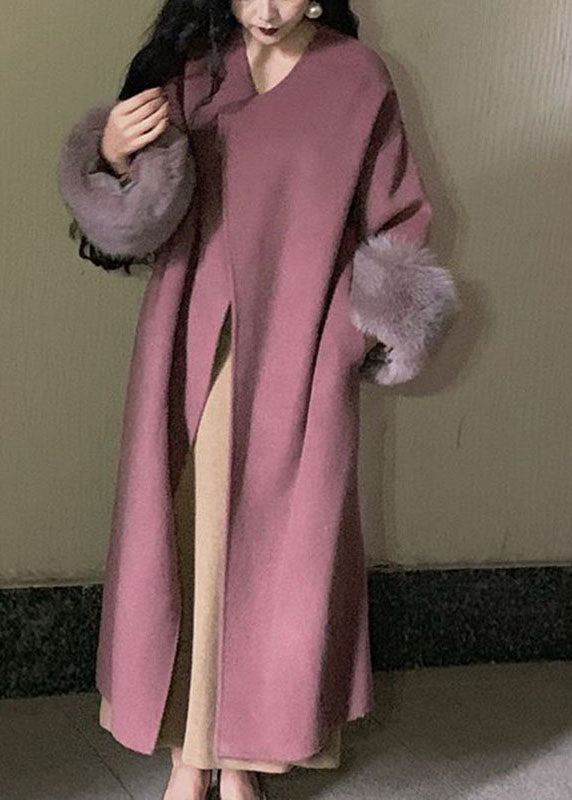 Lotus Root Pink Color O-neck Woolen Maxi Coats Long Sleeve