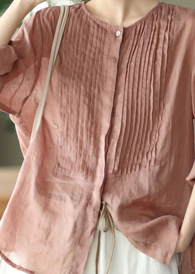Pink O Neck Patchwork Wrinkled Linen Shirts Spring