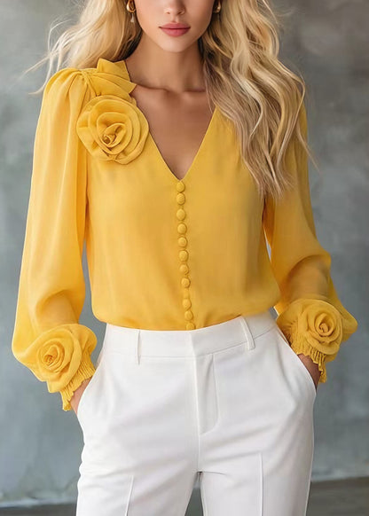 Unique Yellow V Neck Chiffon Shirt Tops Spring