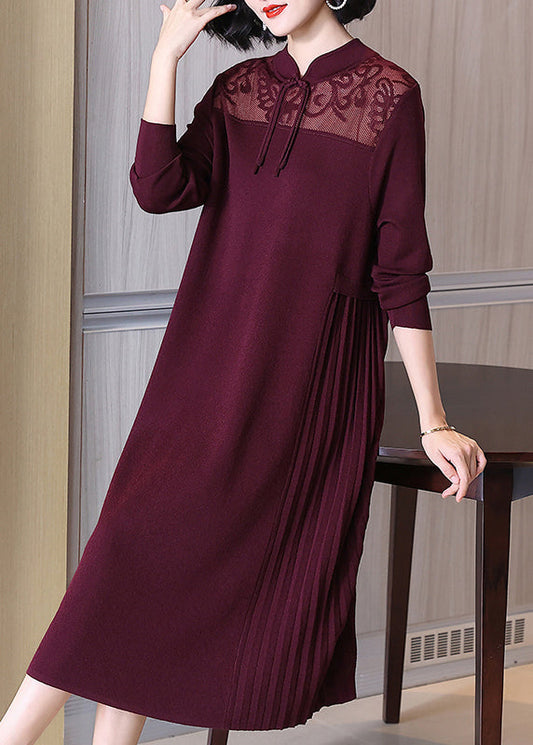 Wine Red Stand Collar Button Cotton Knit Dresses Spring