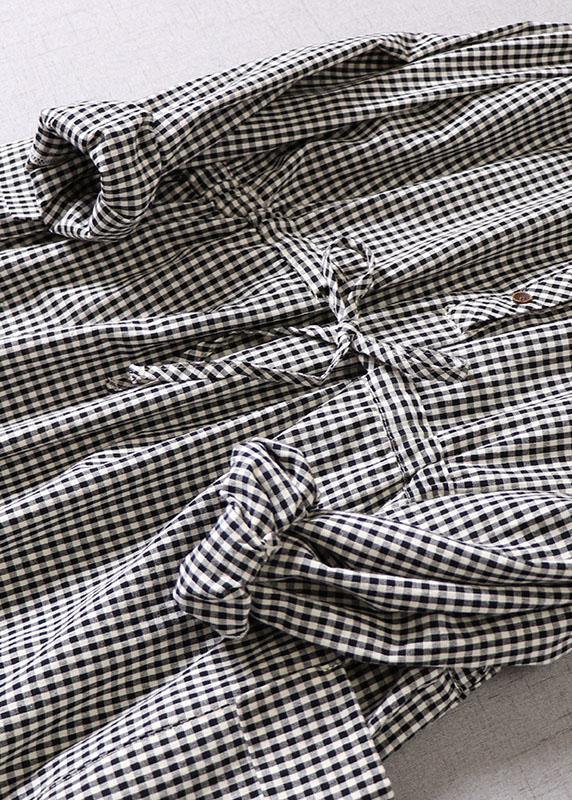 Black White Plaid Pockets Button Tie Waist Fall Patchwork Dress Long Sleeve