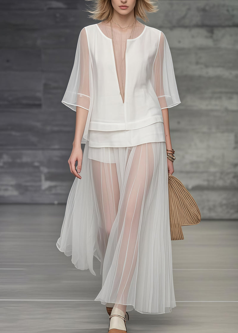 Unique White Deep-v Neck Patchwork Tulle Two Piece Set Clothing Summer