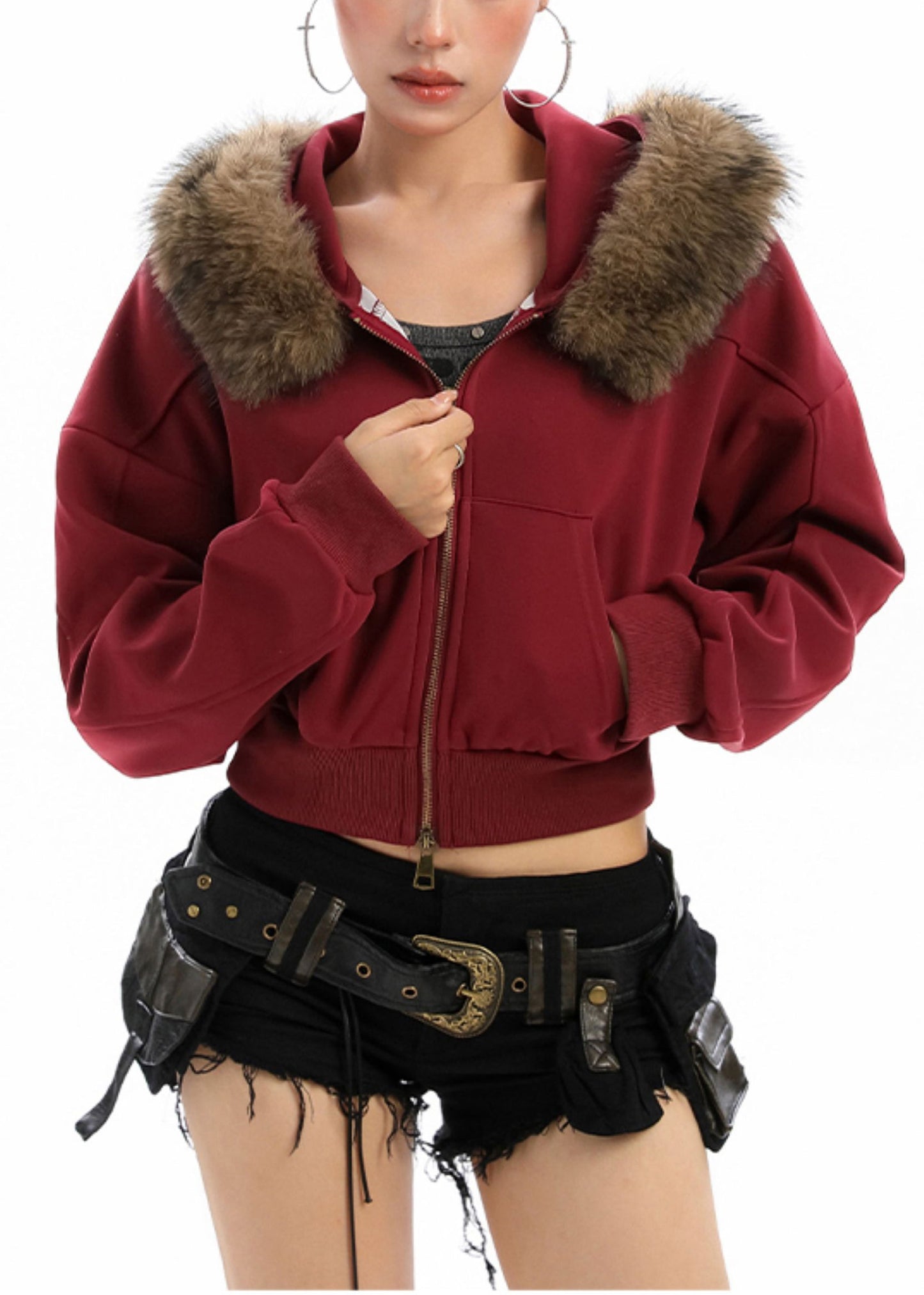 Red Zip Up Patchwork Faux Fur Hooded Coat Winter