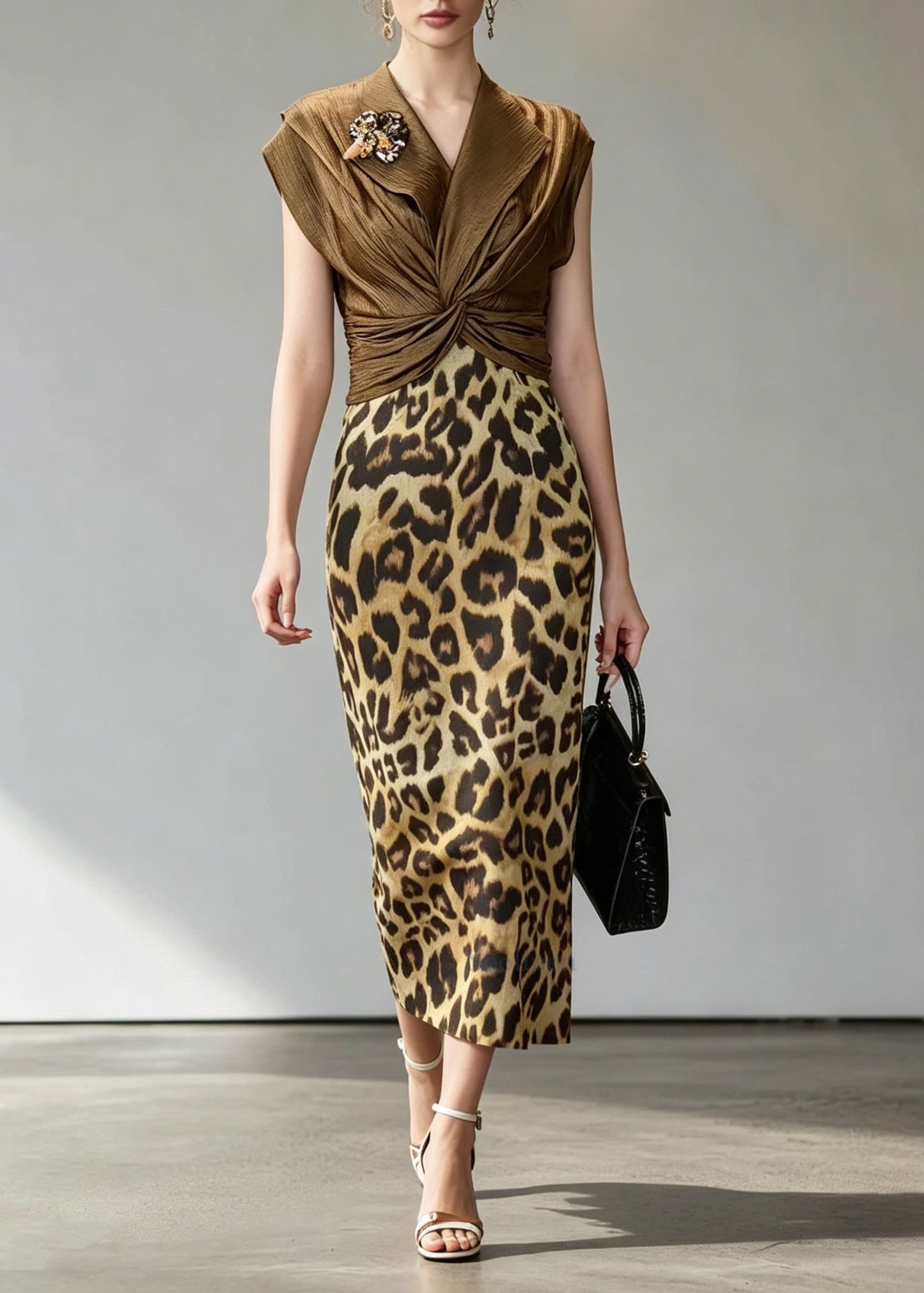 Unique Coffee Leopard Patchwork False Two Pieces Dress Summer