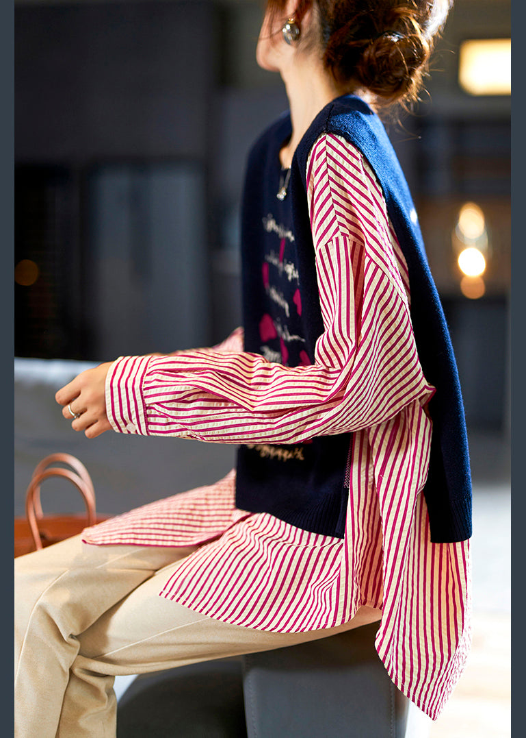 Navy Striped Patchwork False Two Pieces Cotton Blouse Long Sleeve