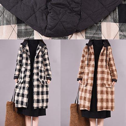 Black Plaid Parkas for Coats Hooded Pockets Outwear