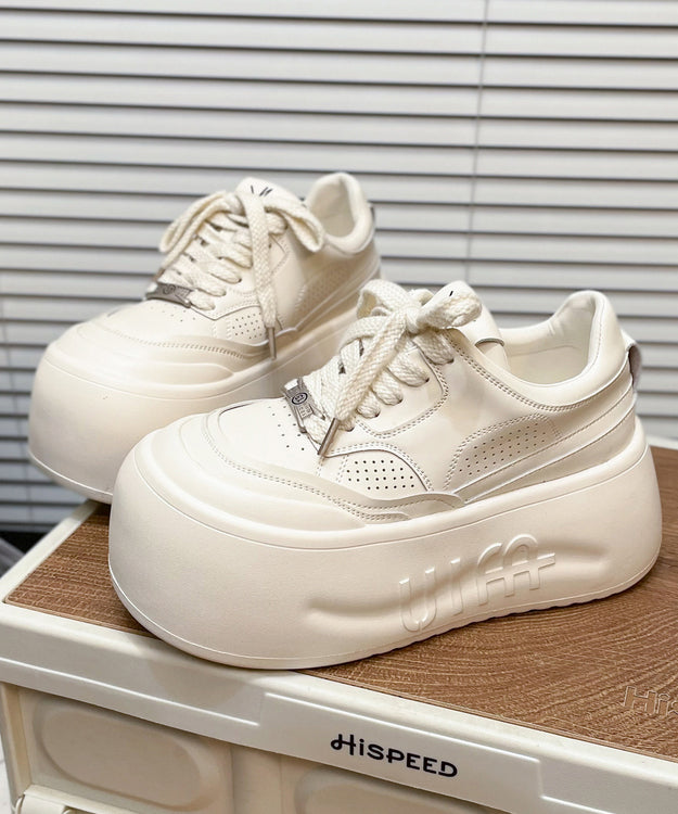 Lace Up Splicing Platform Shoes Beige Cowhide Leather