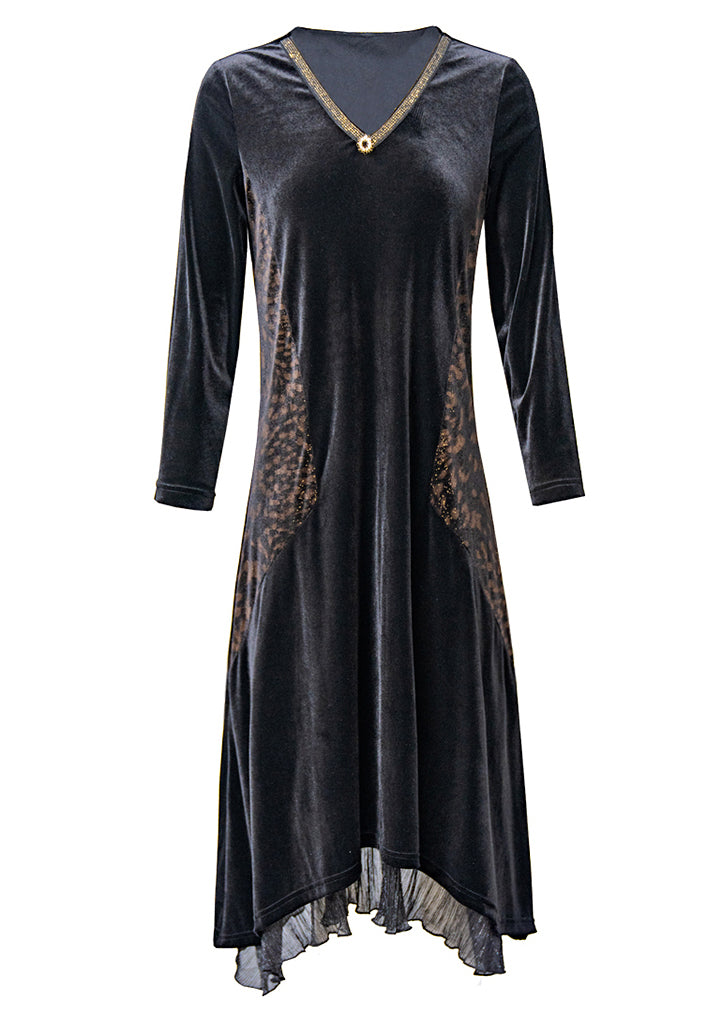 Black V Neck Ruffled Zircon Patchwork Velour Dress Fall