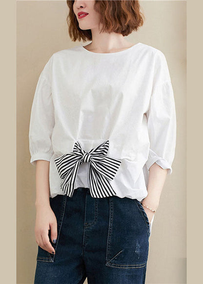 Simple White O-neck Bow Patchwork Fall Top Three Quarter Sleeve