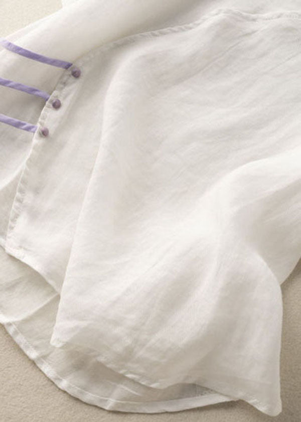 White V Neck Button Patchwork Linen Shirt Top Summer