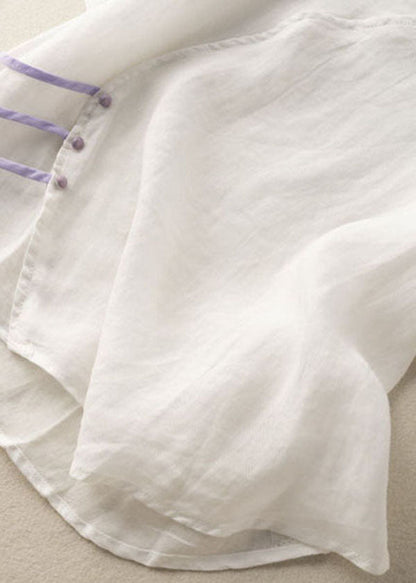 White V Neck Button Patchwork Linen Shirt Top Summer