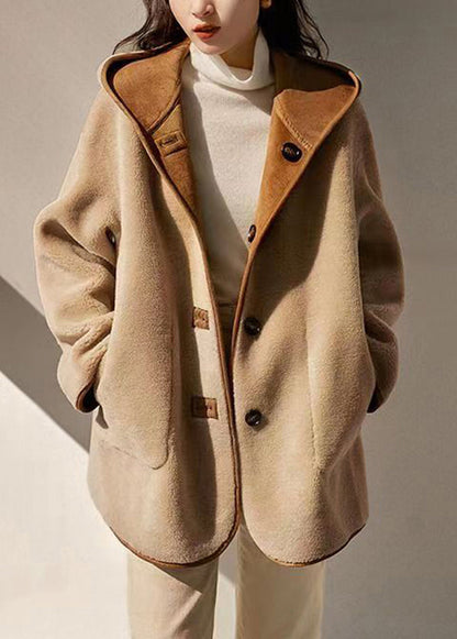Loose Camel Hooded Pockets Patchwork Wear on Both Sides Woolen Coats Winter