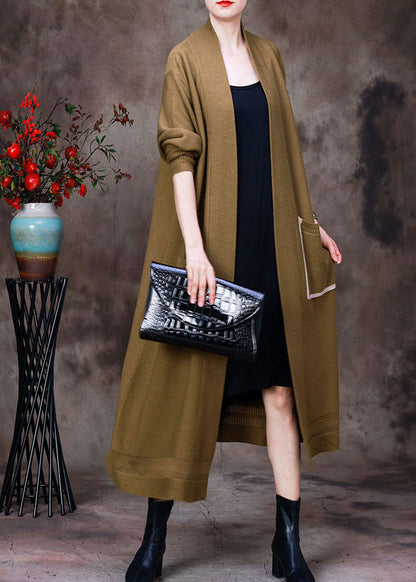 Yellow V Neck Hollow Out Pockets Knit Cardigans Long Sleeve