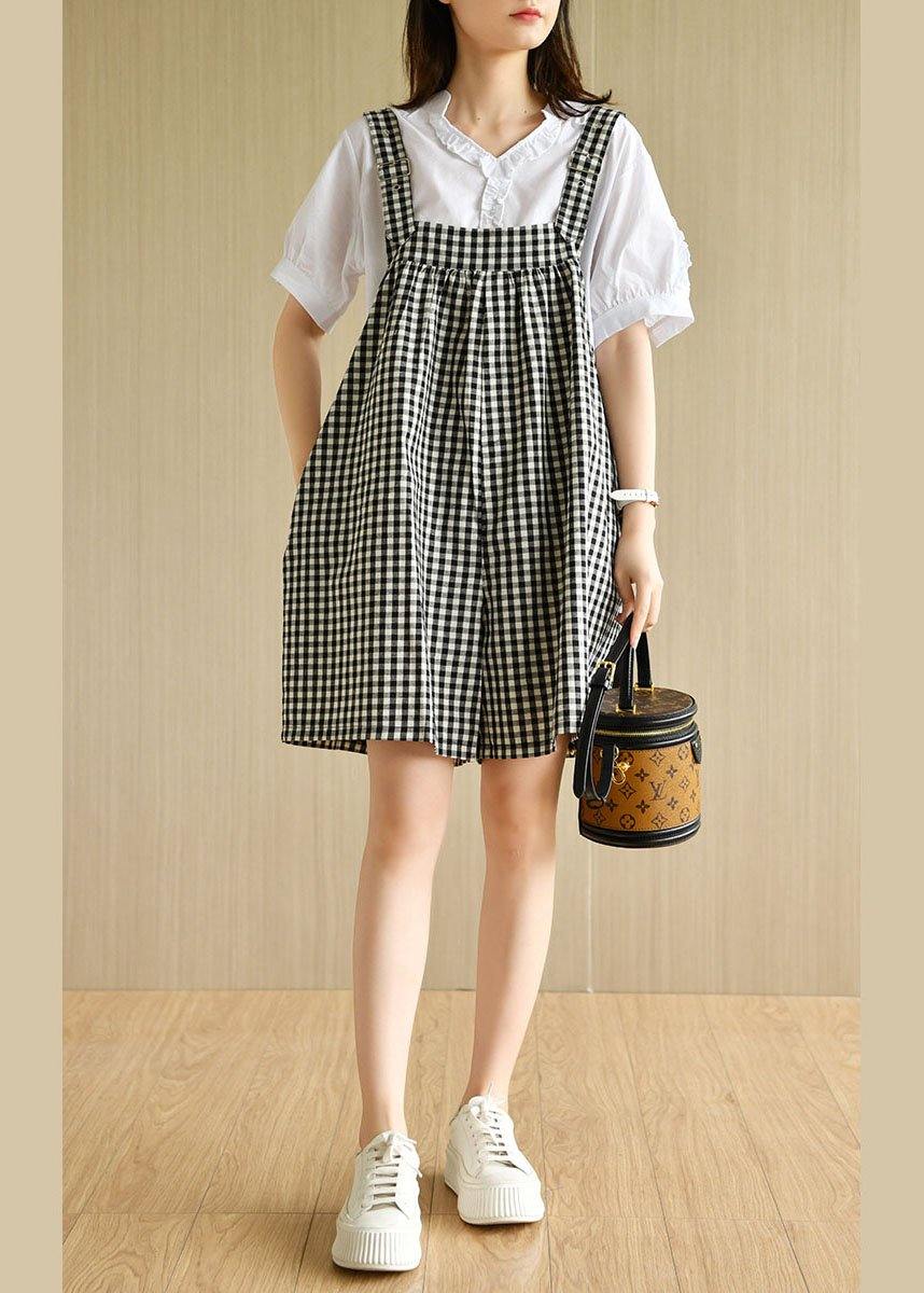 White V Neck Short Sleeve Plaid Carpenter Pants Summer Cotton Two Piece Suit Set