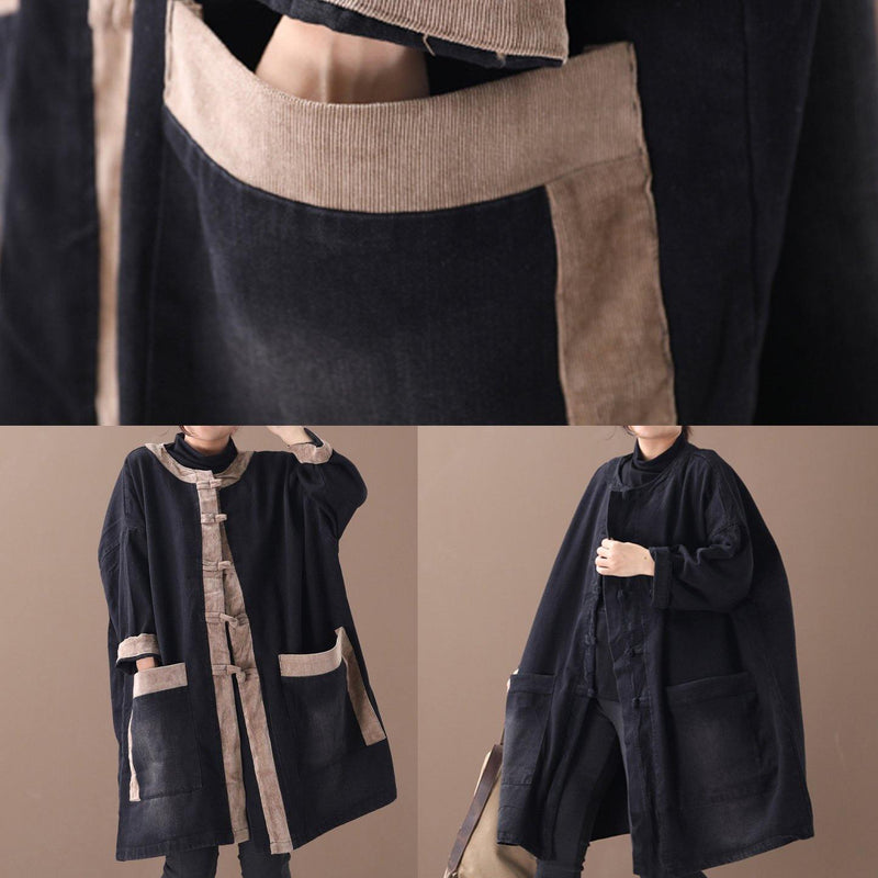 Style Denim Black Fine Clothes for O Neck Chinese Button Outwear