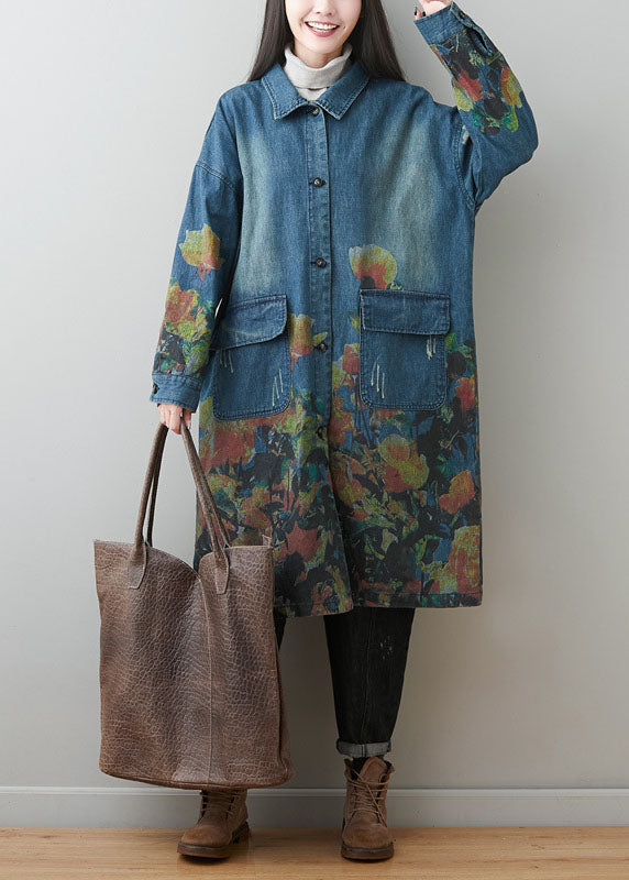 Blue Peter Pan Collar Pockets Print Cotton Denim Coats Spring
