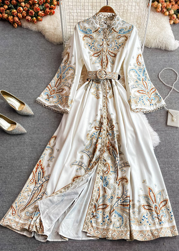 White Stand Collar Print Wrinkled Long Dresses Puff Sleeve