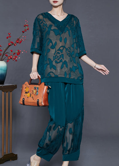 Dull Green Oversized Patchwork Silk Two Piece Set Summer